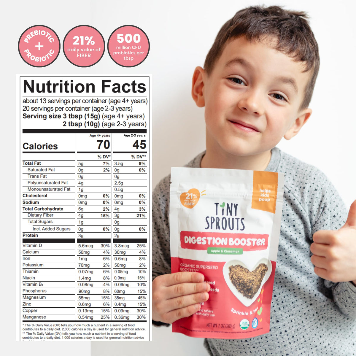 Tiny Sprouts Probiotics label emphasizes shelf-stable probiotic benefits