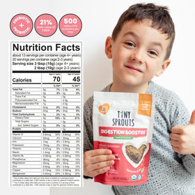 Tiny Sprouts Probiotics label emphasizes shelf-stable probiotic benefits