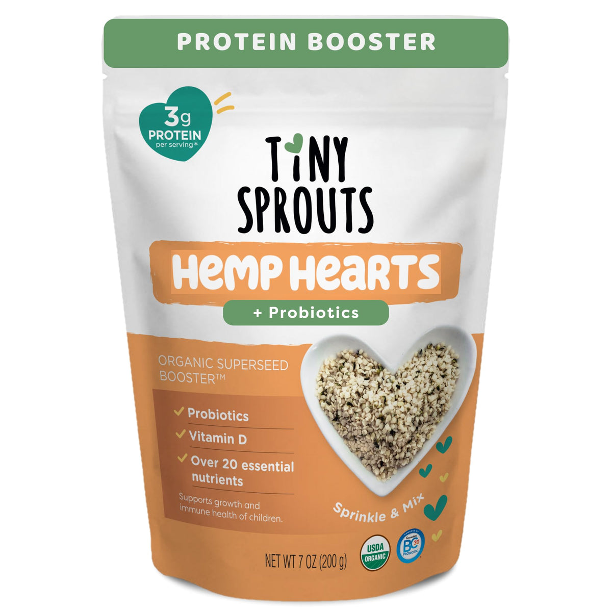 Tiny Sprouts Hemp Hearts bottle shows a protein-rich kid-friendly superfood.