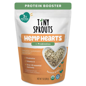 Tiny Sprouts Hemp Hearts bottle shows a protein-rich kid-friendly superfood.