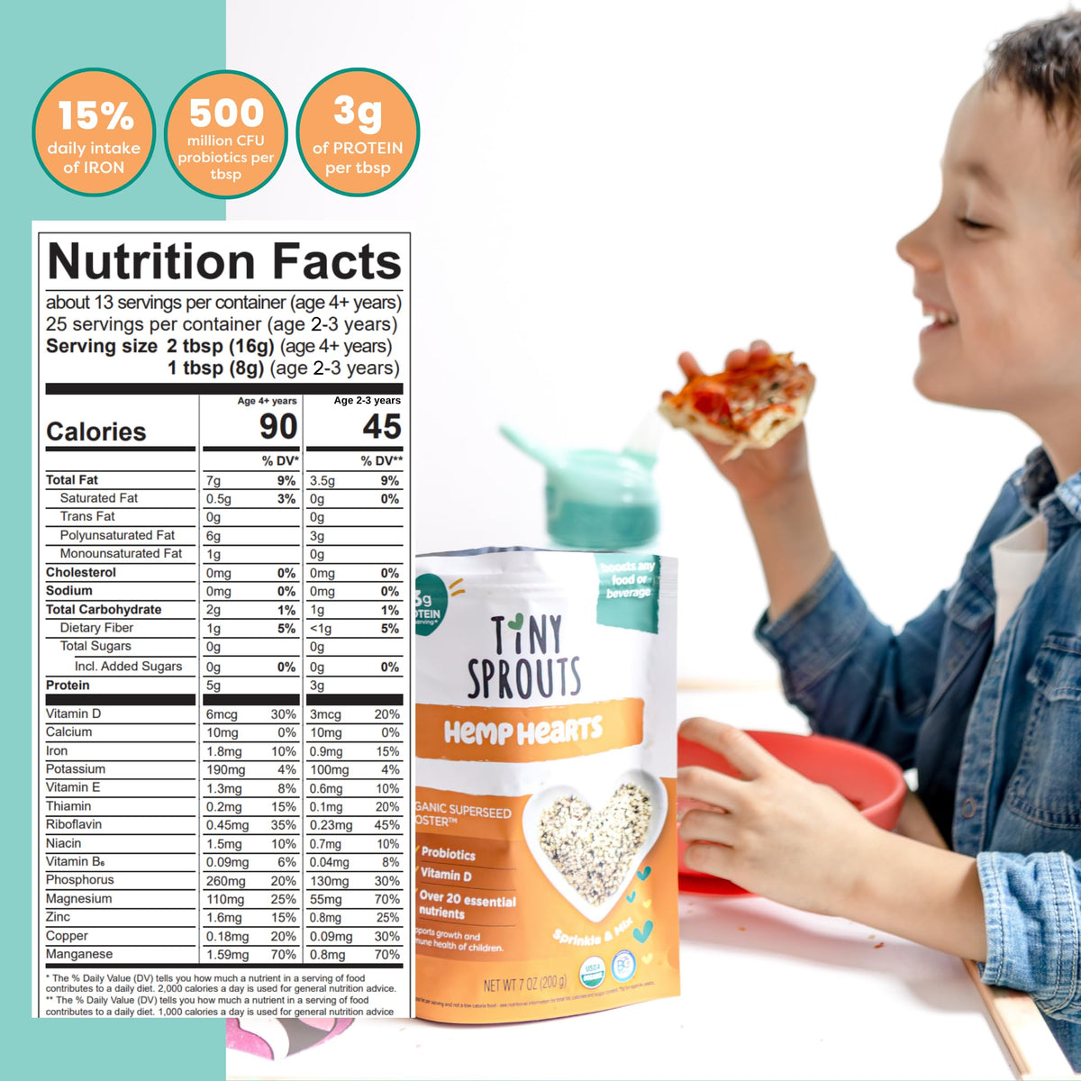 Tiny Sprouts hemp hearts jar label displays USDA Organic and gluten-free purity.