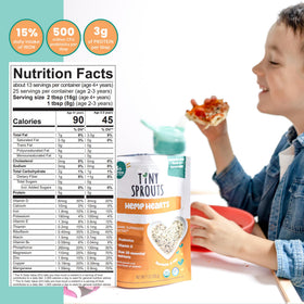 Tiny Sprouts hemp hearts jar label displays USDA Organic and gluten-free purity.