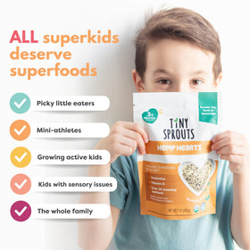 Tiny Sprouts nutrition panel close-up highlights protein, minerals, and probiotics.