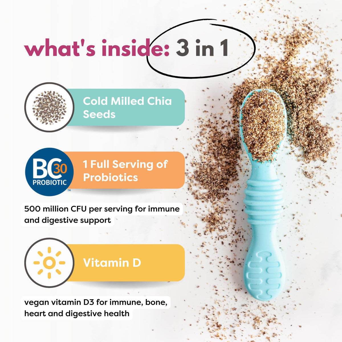 Tiny Sprouts Organic Chia Seeds booster pour—probiotics for digestive comfort.