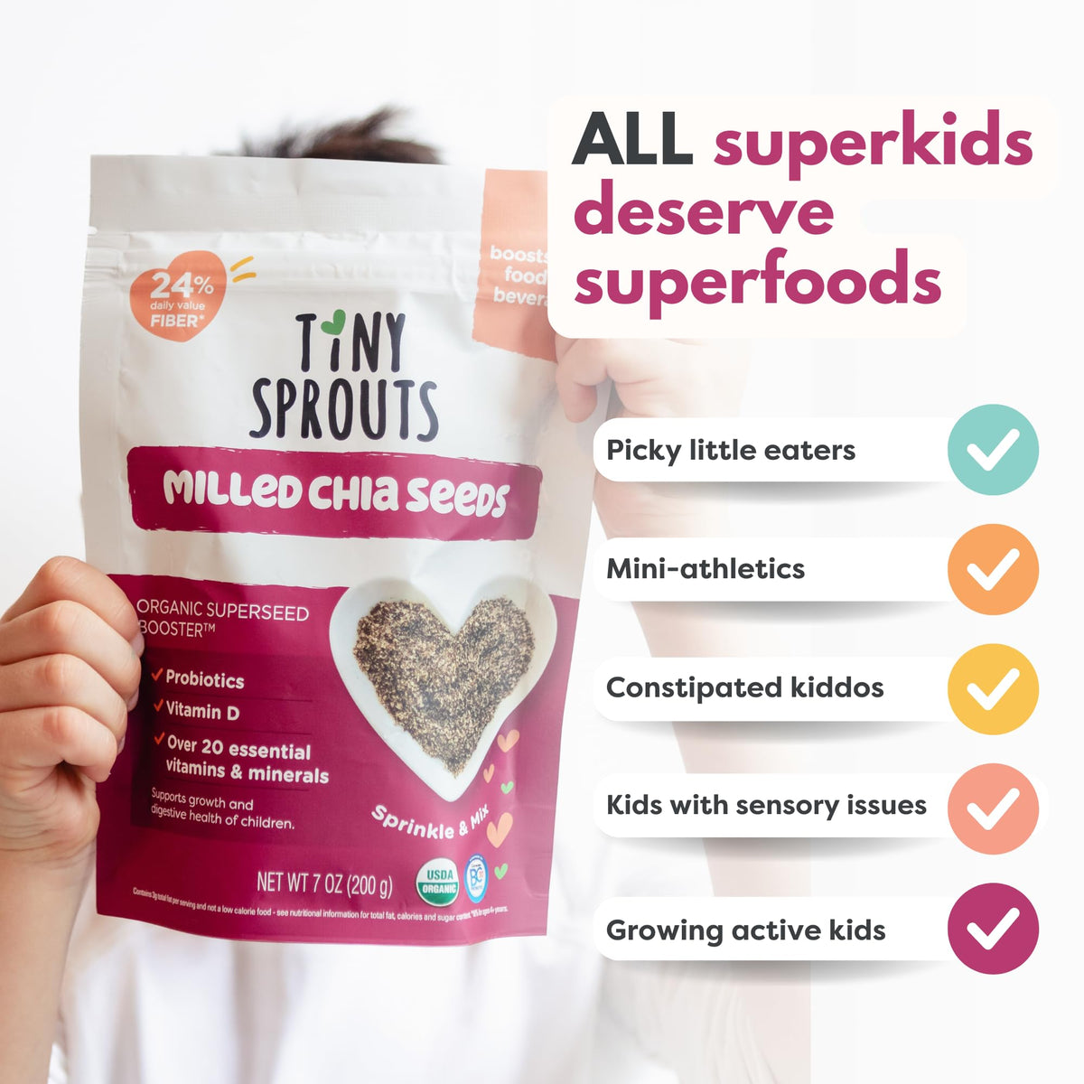Tiny Sprouts Organic Chia Seeds booster poured into smoothie—easy daily addition.