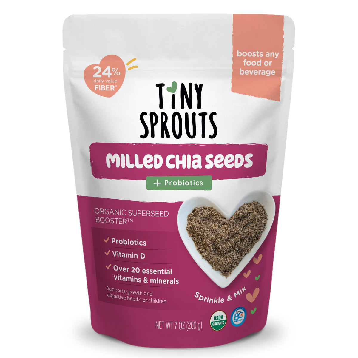 Tiny Sprouts Organic Milled Chia Seeds bottle—fiber-rich formula for kids.