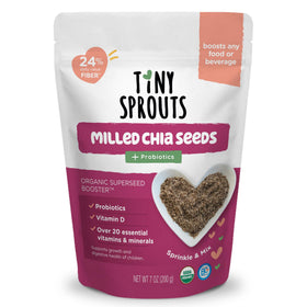 Tiny Sprouts Organic Milled Chia Seeds bottle—fiber-rich formula for kids.
