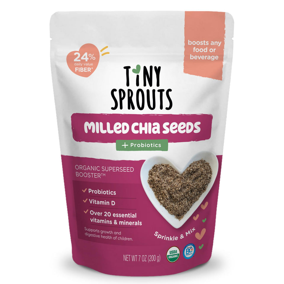 Tiny Sprouts Organic Milled Chia Seeds bottle—fiber-rich formula for kids.