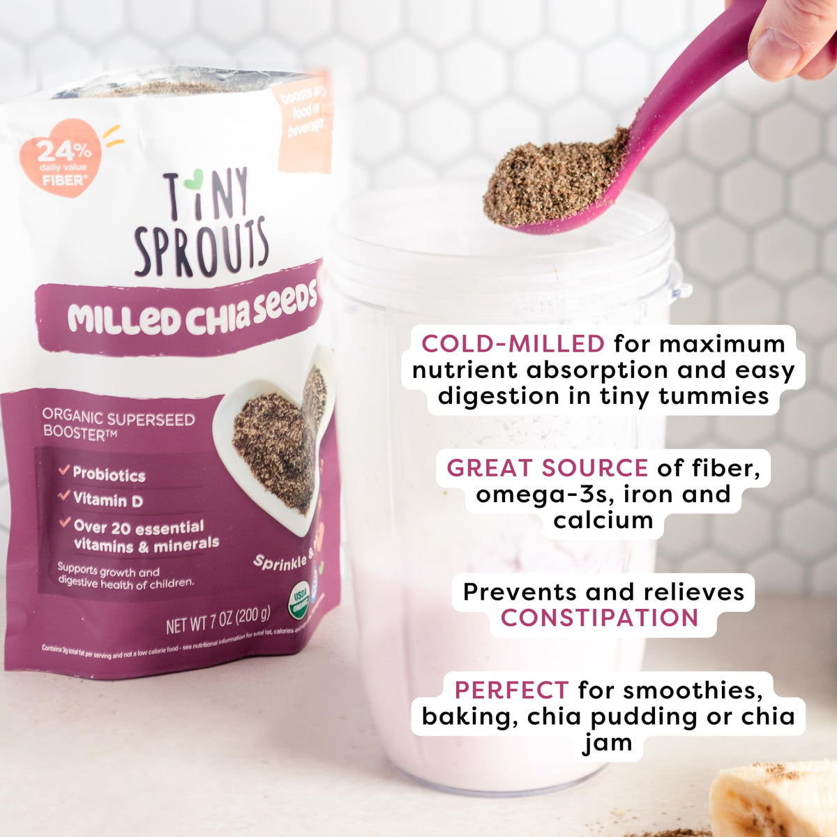 Tiny Sprouts Organic Milled Chia Seeds on oatmeal—versatile breakfast option.