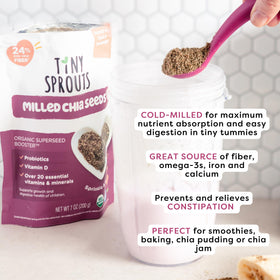Tiny Sprouts Organic Milled Chia Seeds on oatmeal—versatile breakfast option.