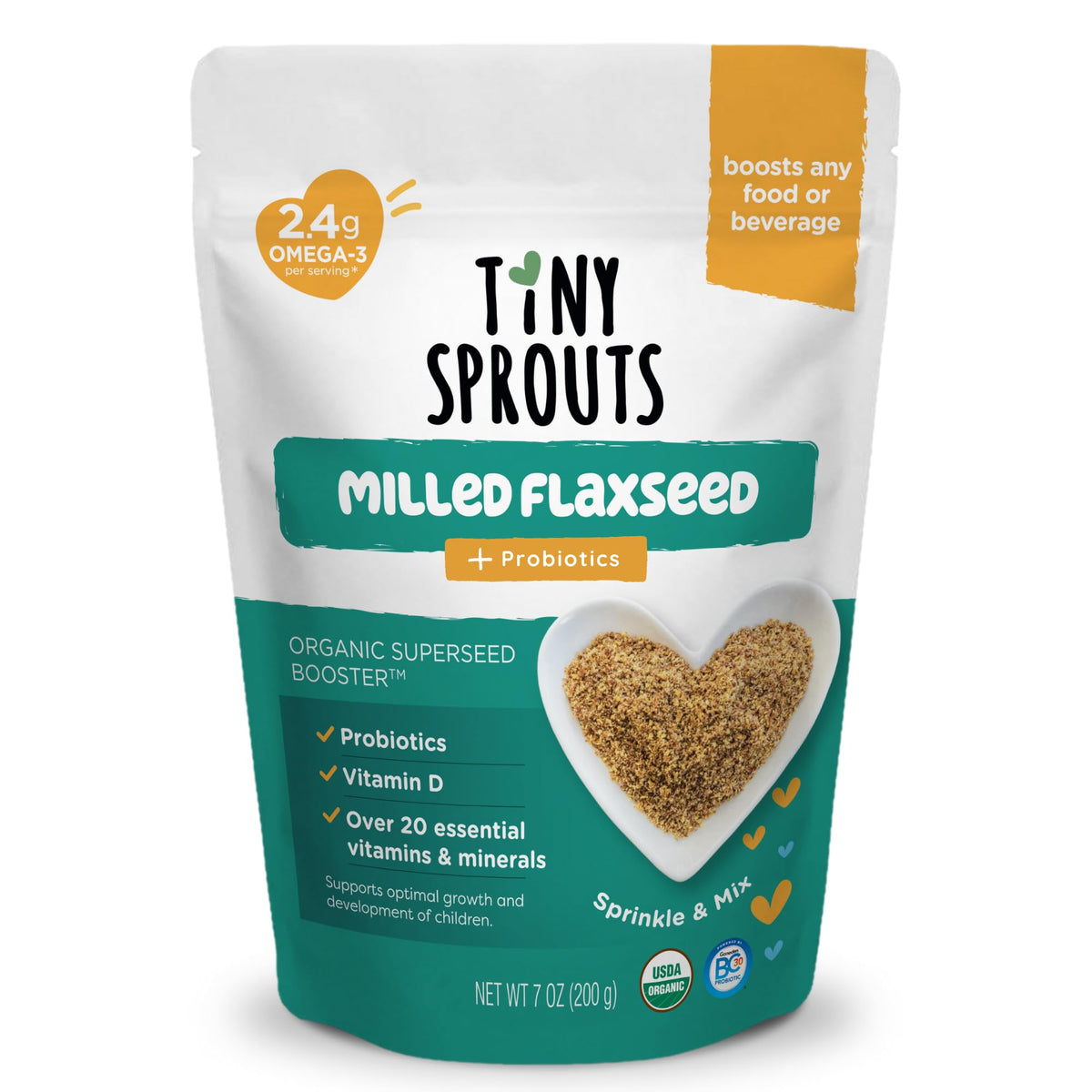 Tiny Sprouts Organic Milled Flaxseed + Probiotic bottle highlights gut-friendly nutrition.
