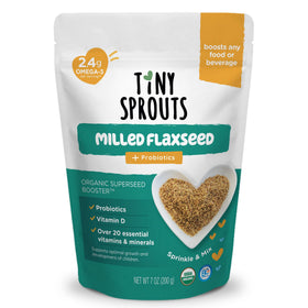 Tiny Sprouts Organic Milled Flaxseed + Probiotic bottle highlights gut-friendly nutrition.