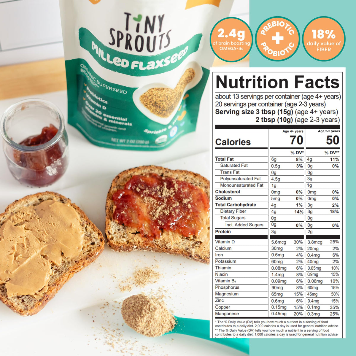 Tiny Sprouts probiotic serving scoop shows easy daily portions.