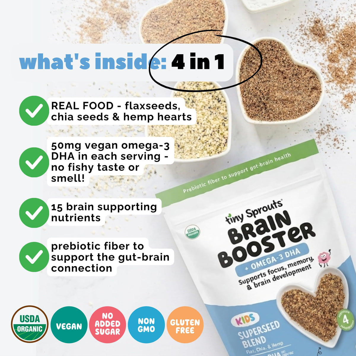 Tiny Sprouts seeds being poured into yogurt for quick nutrition