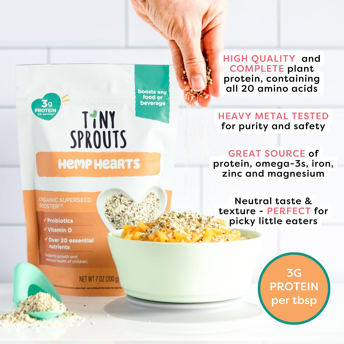 Tiny Sprouts serving spoon ready to scoop a mild, nutty protein boost.