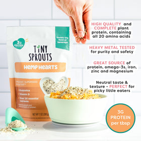 Tiny Sprouts serving spoon ready to scoop a mild, nutty protein boost.