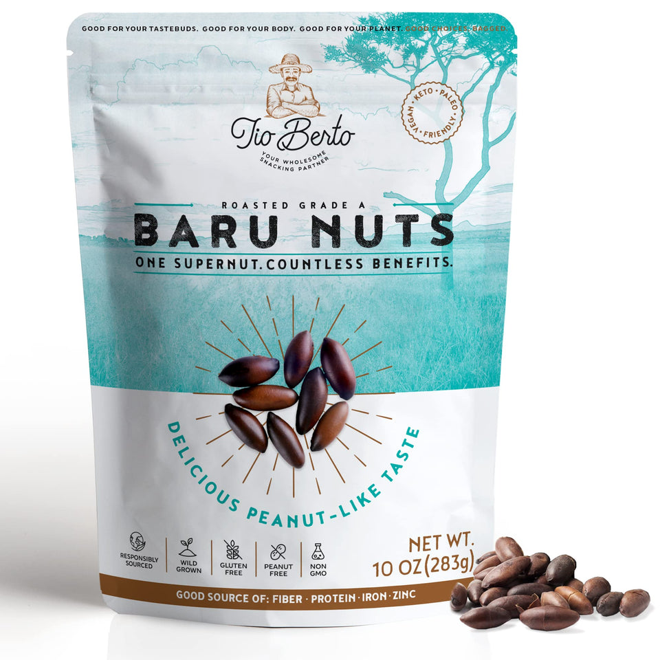Tio Berto Baru Nuts roasted in a 10oz bag; crispy texture and high protein snack.