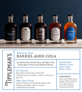 Tippleman's Barrel Aged Cola Syrup being poured for a rich cocktail