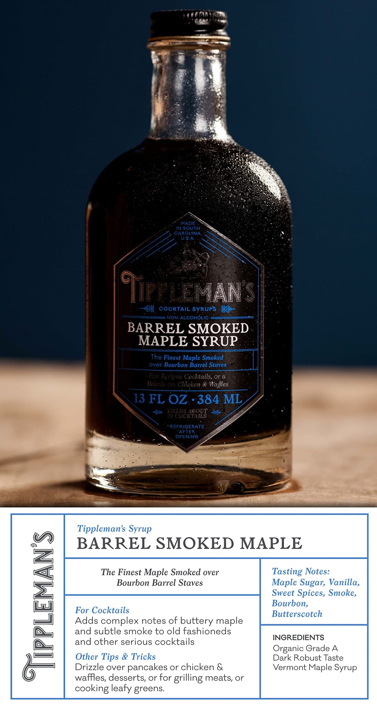 Tippleman's maple syrup being poured for cocktails and desserts