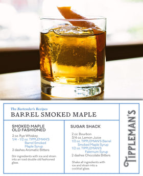 Close up of bourbon barrel smoke infusing Tippleman's maple syrup