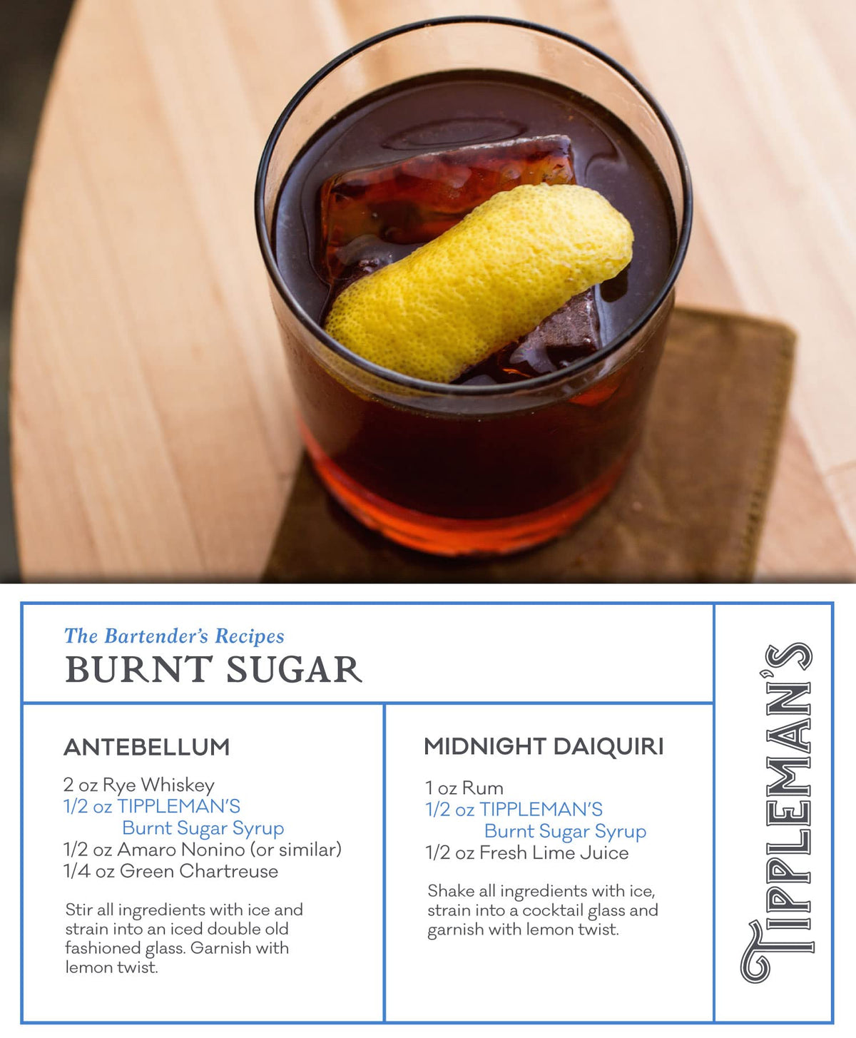 Tippleman's Burnt Sugar Syrup in a glass with a finished cocktail on ice.