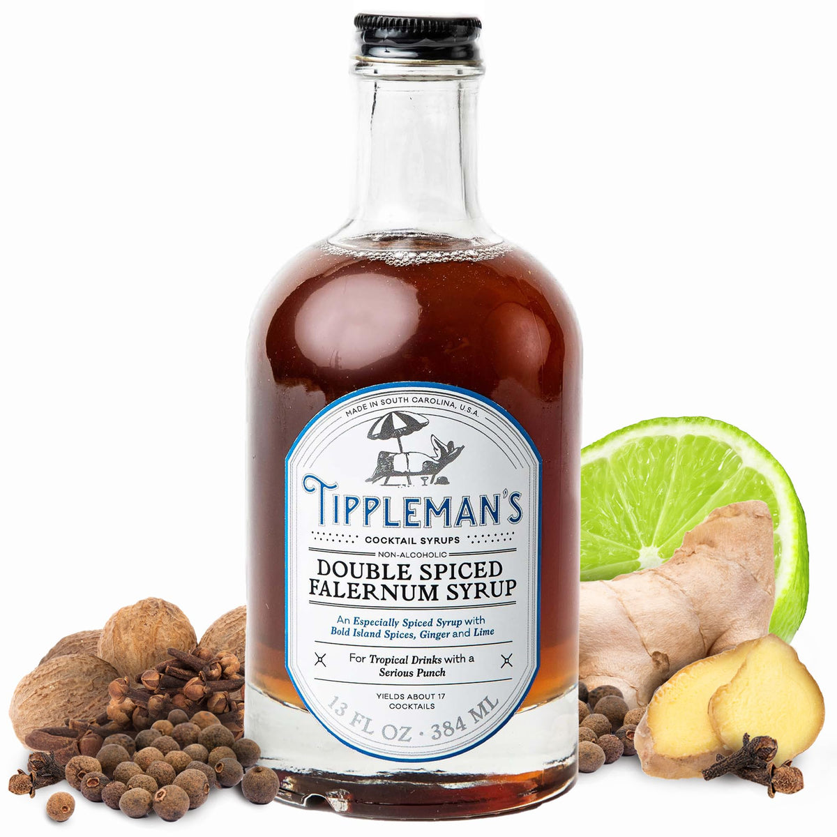 Tippleman's Double Spiced Falernum bottle with lime zest and spices for tropical cocktails