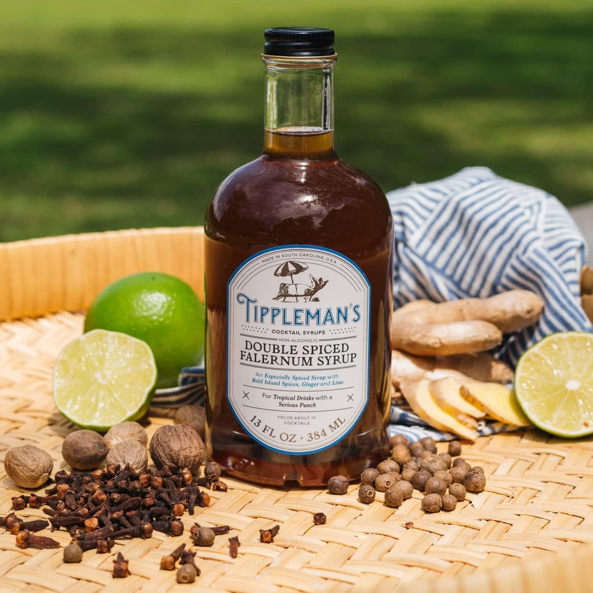 Label showing all-natural ingredients like cane sugar and ginger in Tippleman's falernum