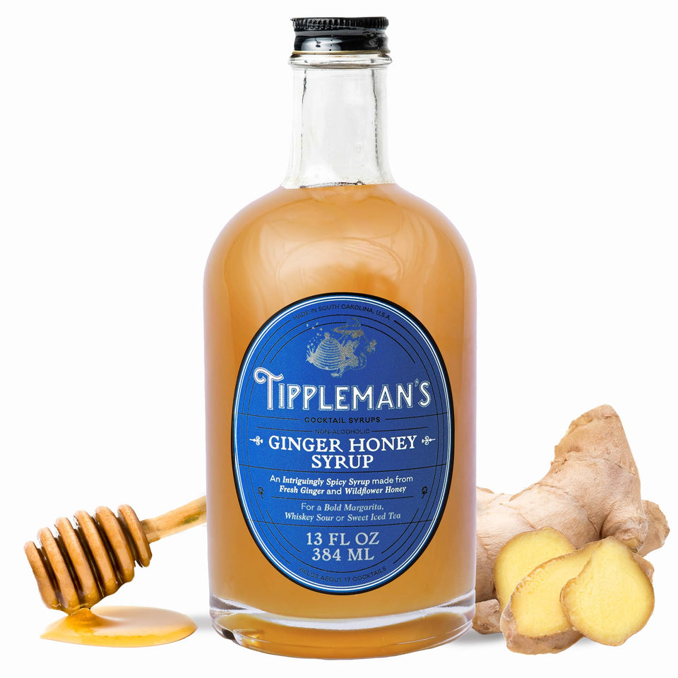 Tippleman's Ginger Honey Syrup bottle shows amber color ideal for bold cocktails.