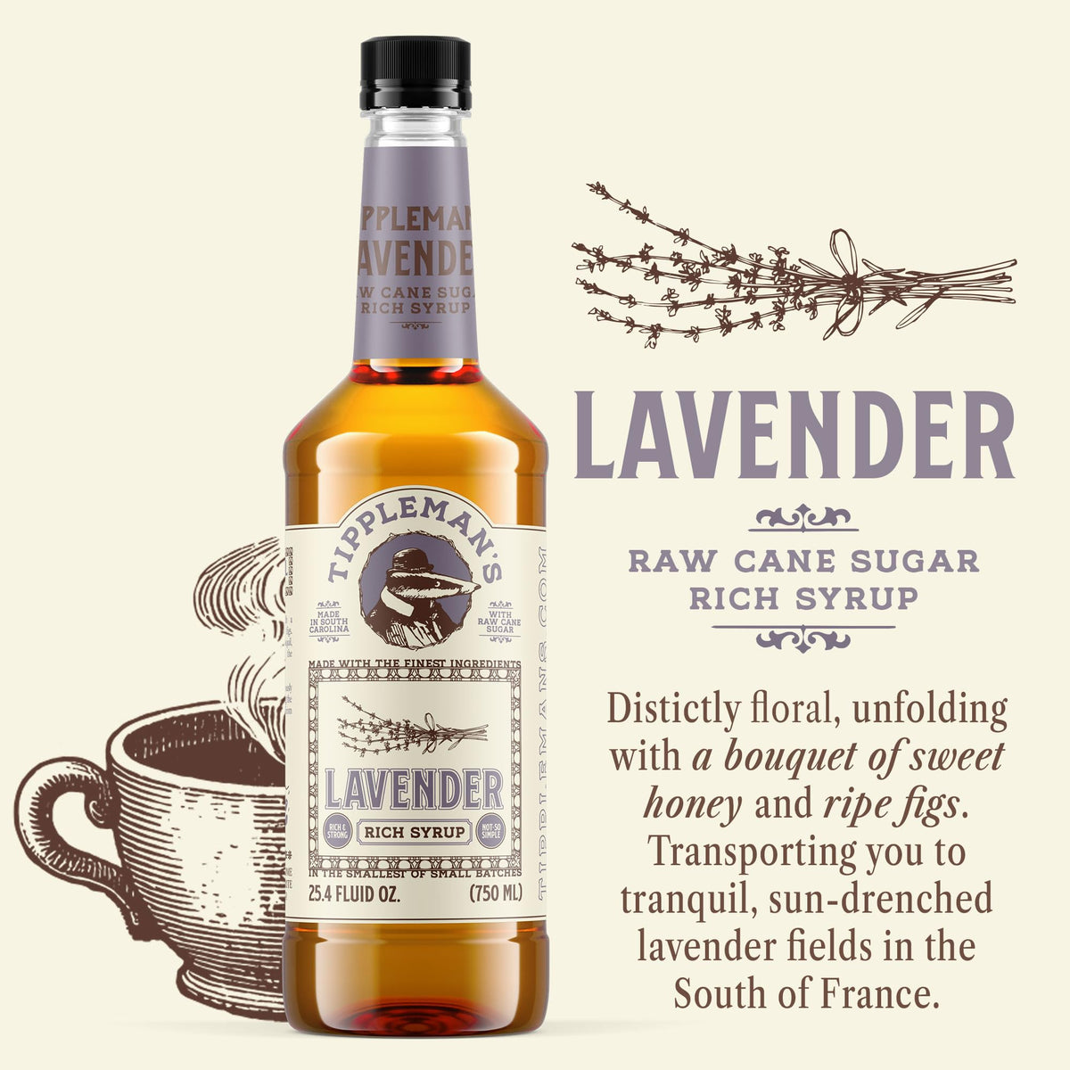 Tippleman's Lavender Syrup being poured into a glass for a fragrant drink.