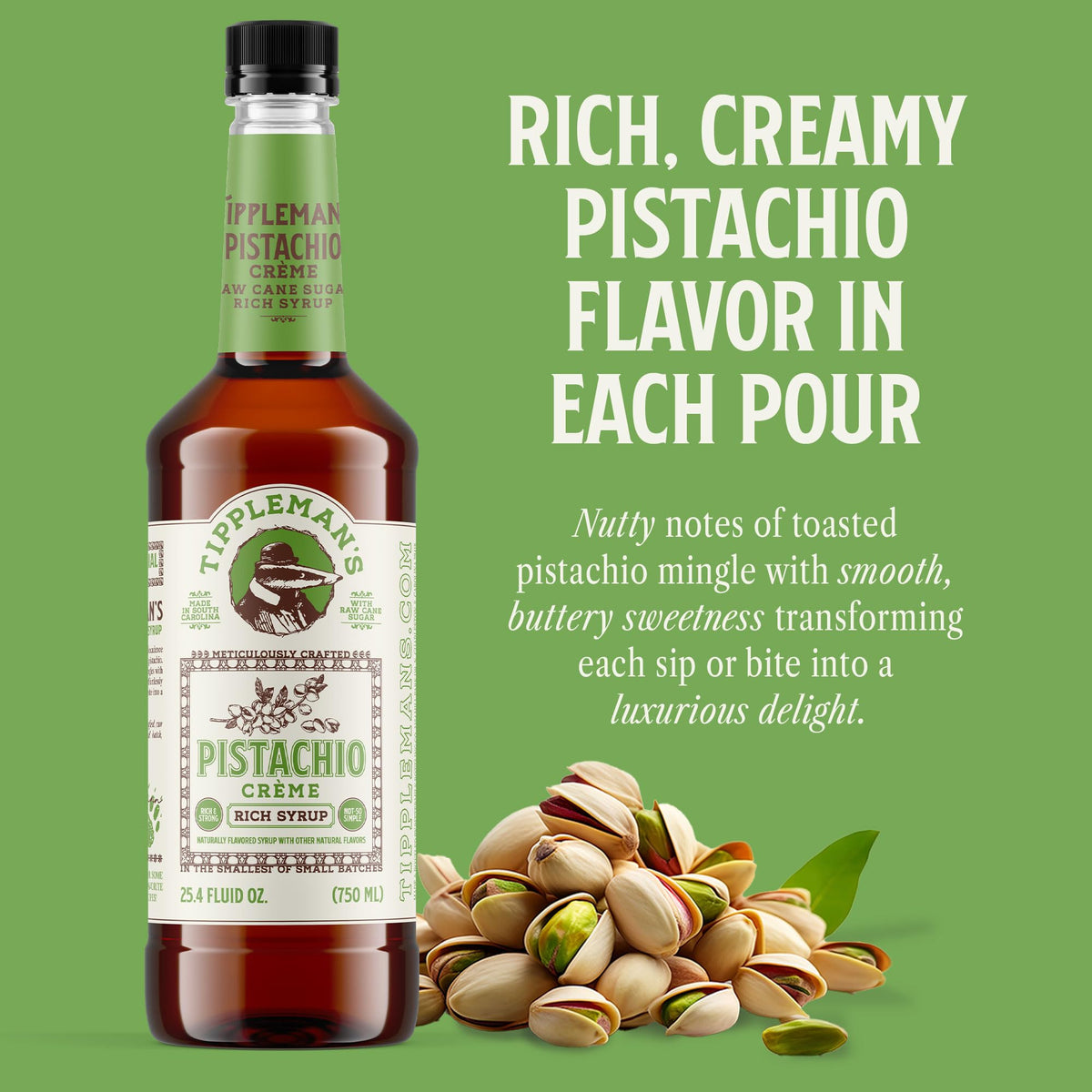 Tippleman's Pistachio Creme syrup fits standard 750ml pumps for easy latte prep