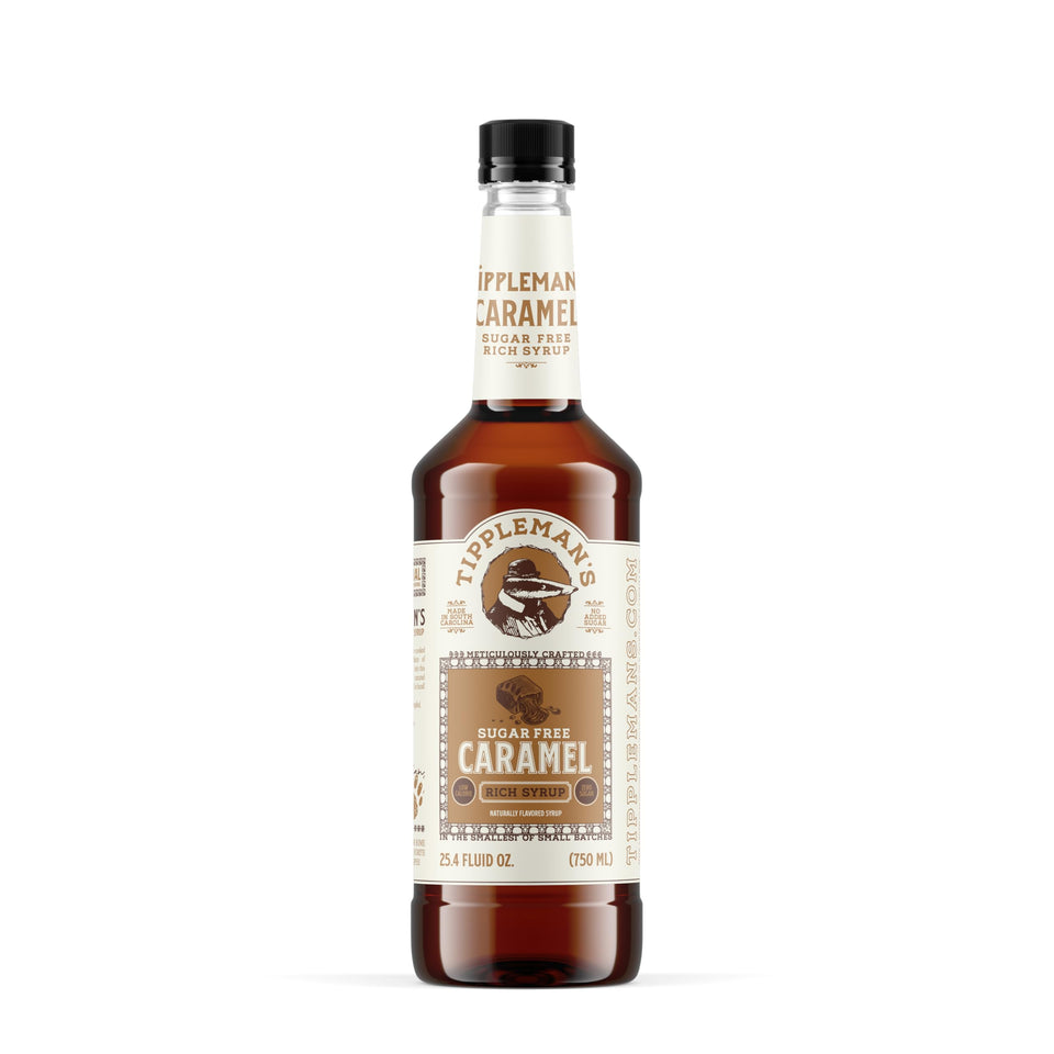 Tippleman's sugar free caramel syrup bottle with pump for easy home or cafe use.