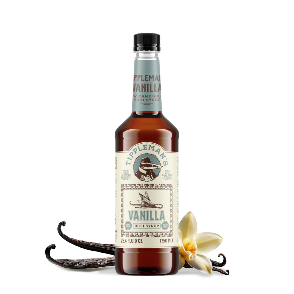 Tippleman's vanilla syrup bottle showcases pure vanilla flavor for drinks.