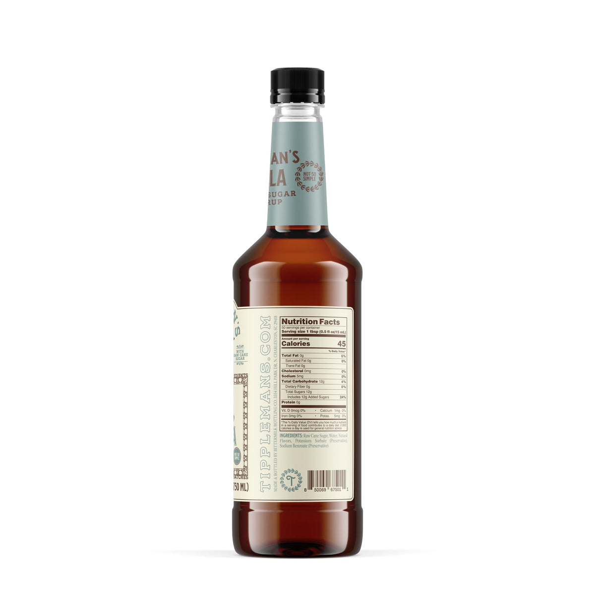 Close-up of small-batch kettle-cooked Tippleman's vanilla syrup label.