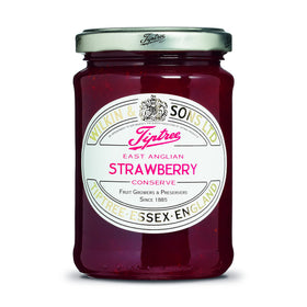 Tiptree East Anglian Strawberry Conserve jar front with rich color for breakfasts.