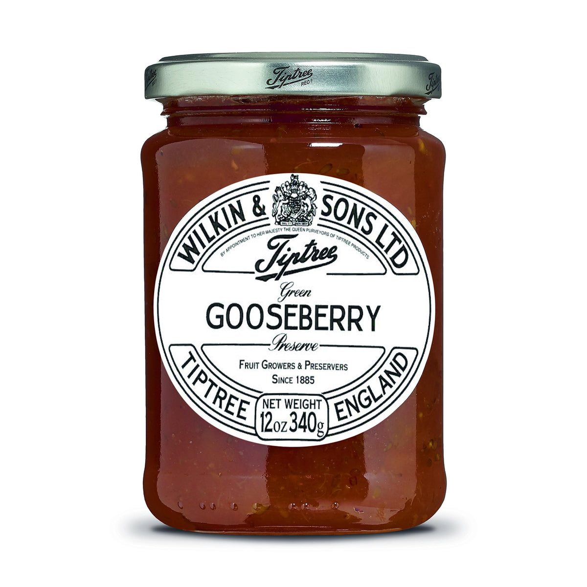 Tiptree Green Gooseberry Preserve jar side view, ideal for spreading on toast.
