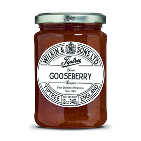 Tiptree Green Gooseberry Preserve jar side view, ideal for spreading on toast.