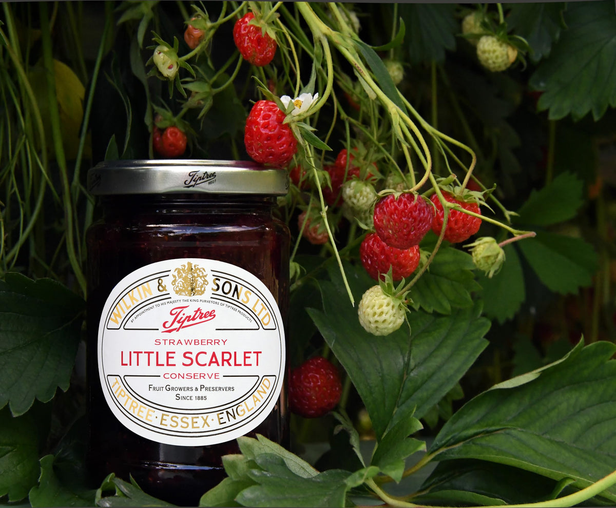 Close-up of Tiptree Little Scarlet strawberries showing rich crimson color.