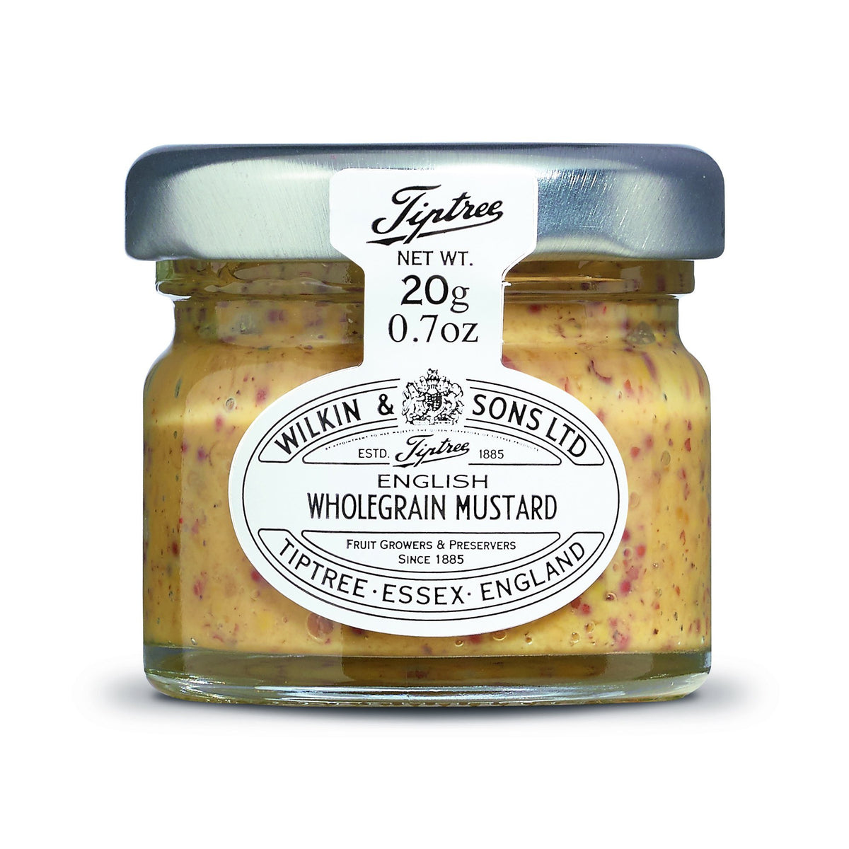 Tiptree English Wholegrain Mustard Minis jar close-up reveals grainy texture for bold sandwiches.