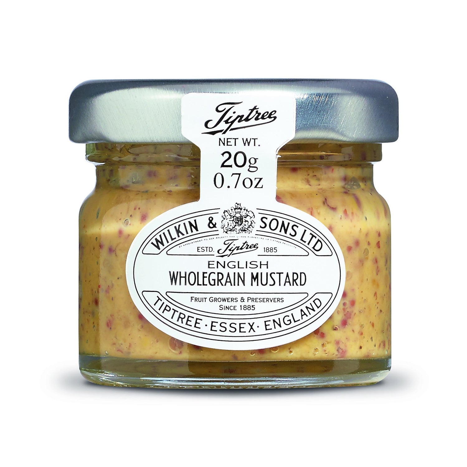 Tiptree English Wholegrain Mustard Minis jar close-up reveals grainy texture for bold sandwiches.