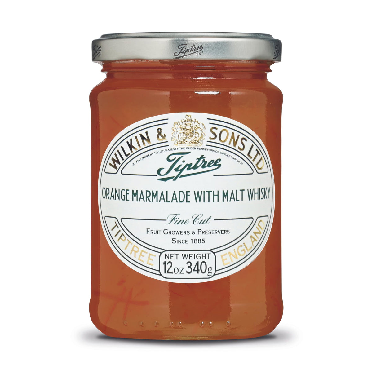 Tiptree Orange and Malt Whisky Marmalade jar on kitchen counter, perfect for toast.