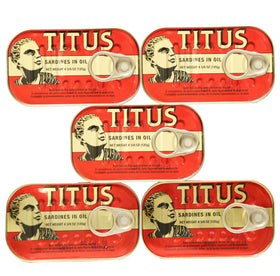 Titus Sardines 5x125g can on shelf, ready for quick, protein-rich meals.