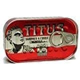 Titus Sardines 5x125g cans stacked, convenient family-size value for quick meals.