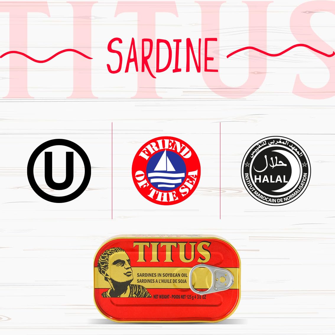 Close-up of TITUS sardines in soybean oil, glossy texture.