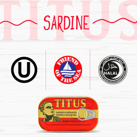 Close-up of TITUS sardines in soybean oil, glossy texture.