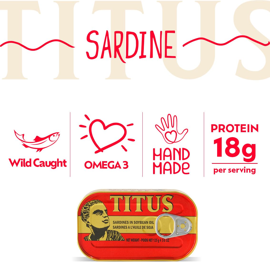 TITUS sardines in soybean oil ready-to-eat can for quick meals.