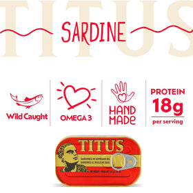 TITUS sardines in soybean oil ready-to-eat can for quick meals.