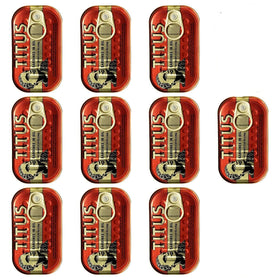 TITUS Sardines in Soybean Oil product shot showing the 10-pack tins, ideal for quick meals.