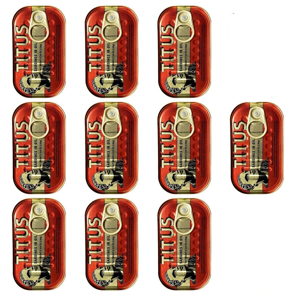 TITUS Sardines in Soybean Oil product shot showing the 10-pack tins, ideal for quick meals.
