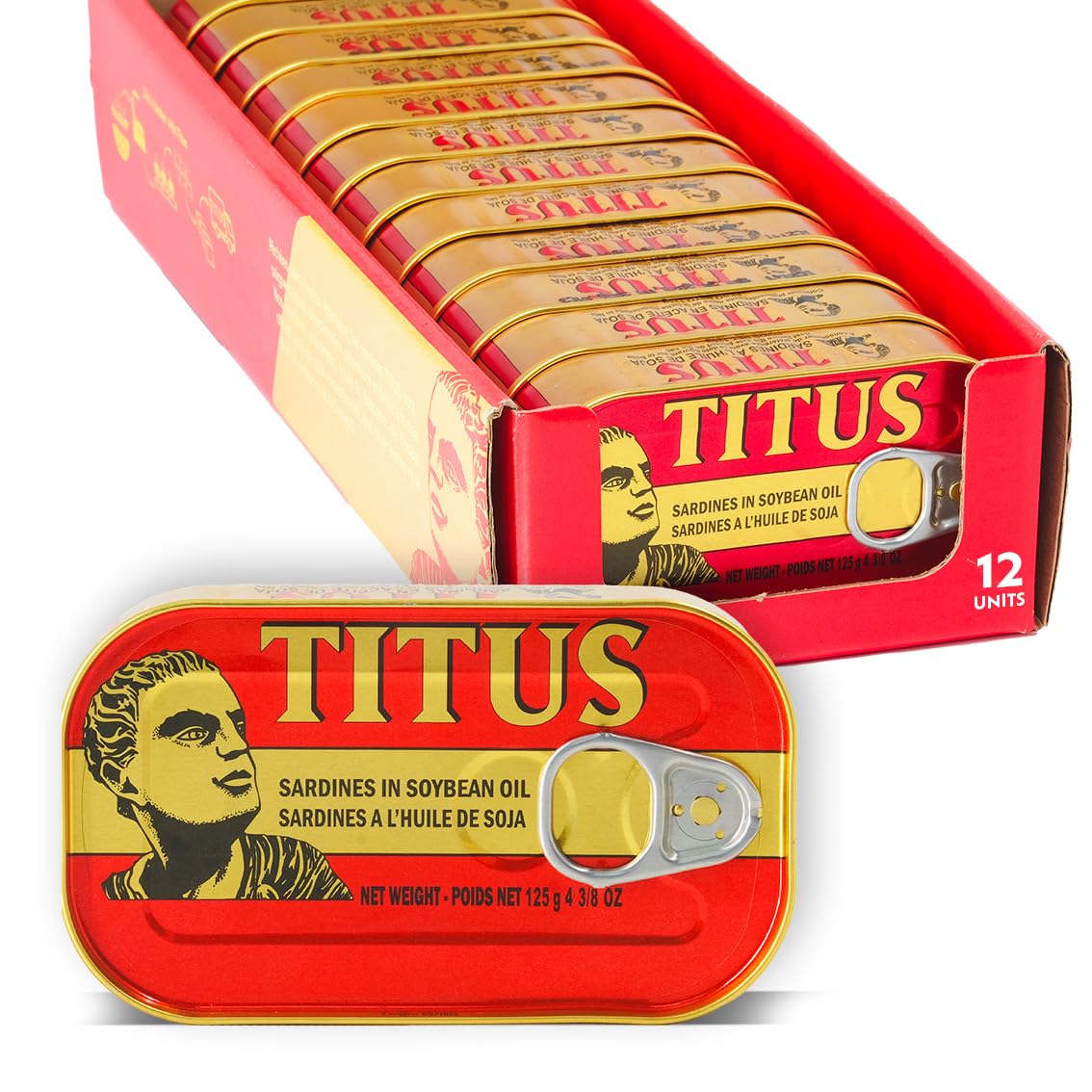 TITUS sardines in soybean oil can on shelf, convenient protein option.
