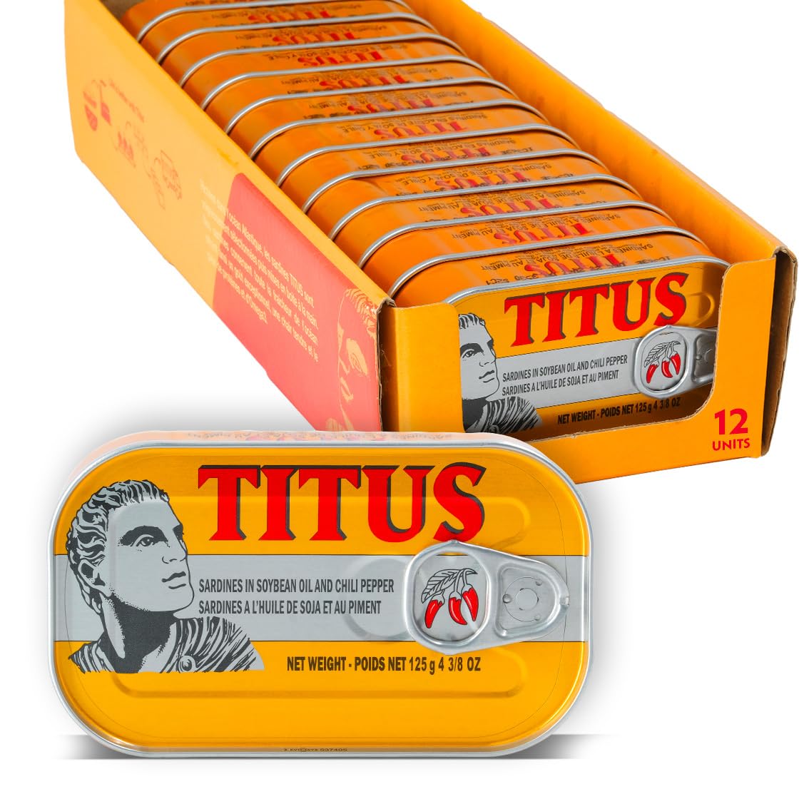 TITUS sardines in chili pepper with soybean oil – ready-to-eat protein snack.